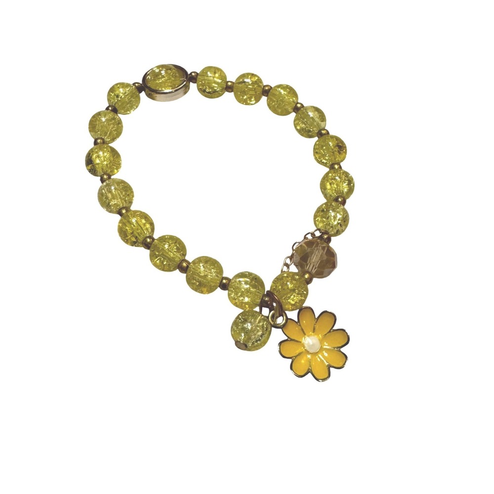 NWOT Yellow‎ Crackle Glass Beaded Stretch Bracelet Daisy Flower Charm Floral Y2K